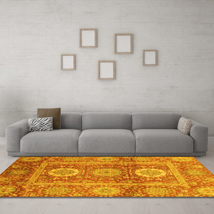 Machine Washable Abstract Yellow Modern Rug in a Living Room, wshabs3914yw