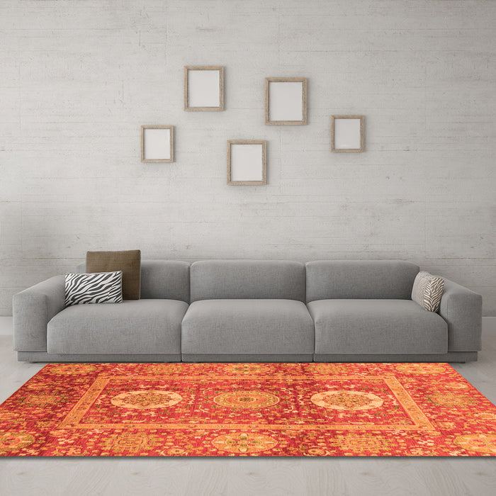 Machine Washable Abstract Orange Modern Area Rugs in a Living Room, wshabs3914org
