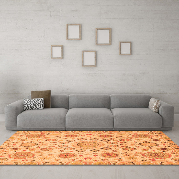 Machine Washable Abstract Orange Modern Area Rugs in a Living Room, wshabs3915org