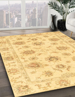 Abstract Chrome Gold Yellow Oriental Rug in Family Room, abs3917