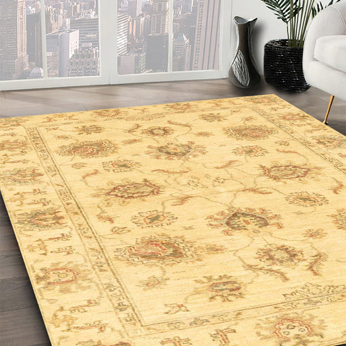 Abstract Chrome Gold Yellow Oriental Rug in Family Room, abs3917