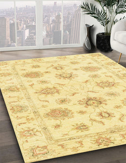 Abstract Mustard Yellow Oriental Rug in Family Room, abs3918