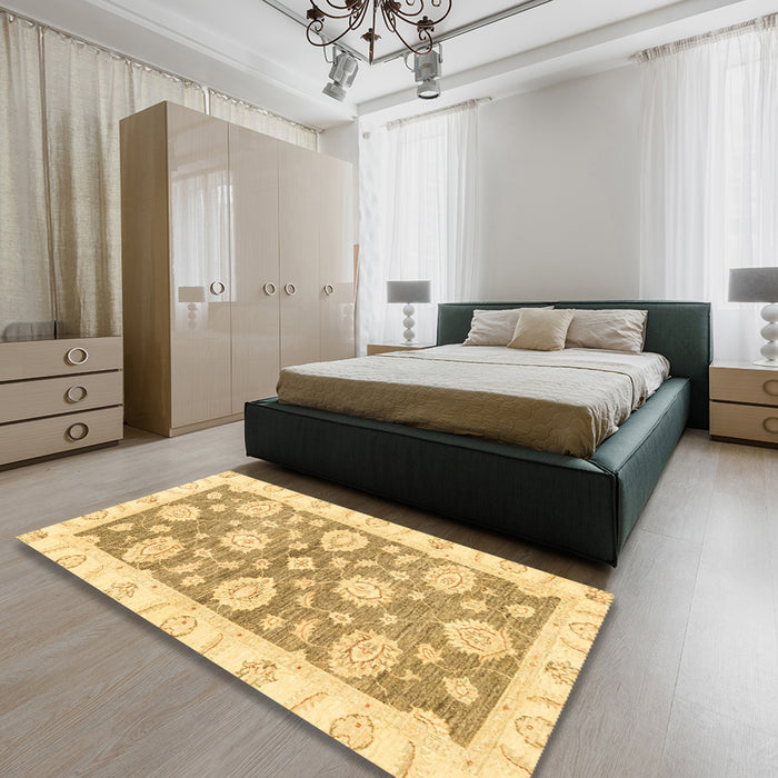 Abstract Yellow Oriental Rug in a Bedroom, abs3919