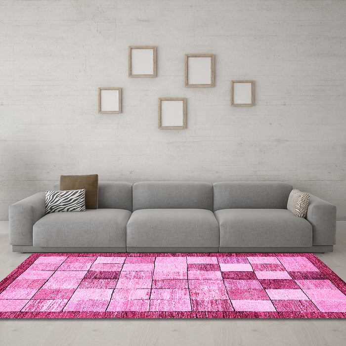 Machine Washable Checkered Pink Modern Rug in a Living Room, wshabs391pnk
