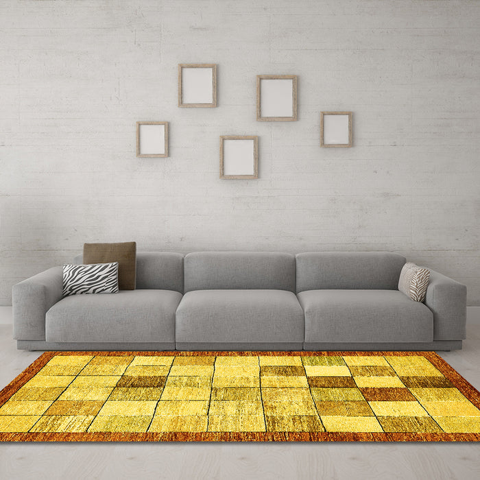 Machine Washable Checkered Yellow Modern Rug in a Living Room, wshabs391yw