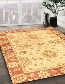 Abstract Chrome Gold Yellow Oriental Rug in Family Room, abs3920
