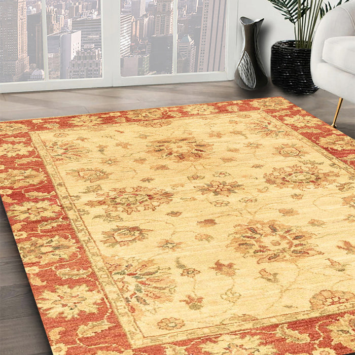 Abstract Chrome Gold Yellow Oriental Rug in Family Room, abs3920
