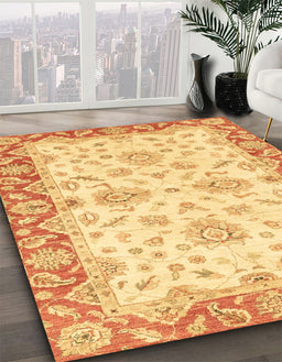 Abstract Chrome Gold Yellow Oriental Rug in Family Room, abs3922