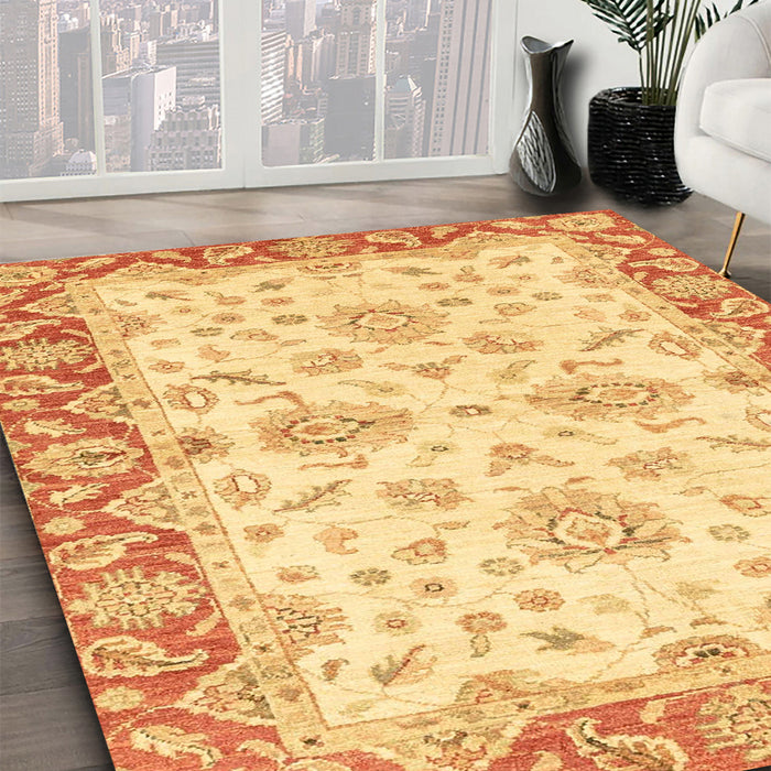 Abstract Chrome Gold Yellow Oriental Rug in Family Room, abs3922