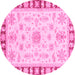 Round Machine Washable Oriental Pink Traditional Rug, wshabs3923pnk