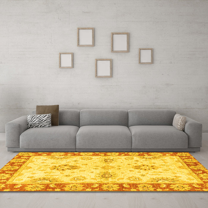 Machine Washable Oriental Yellow Traditional Rug in a Living Room, wshabs3924yw