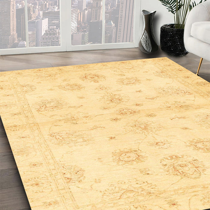 Abstract Chrome Gold Yellow Oriental Rug in Family Room, abs3925