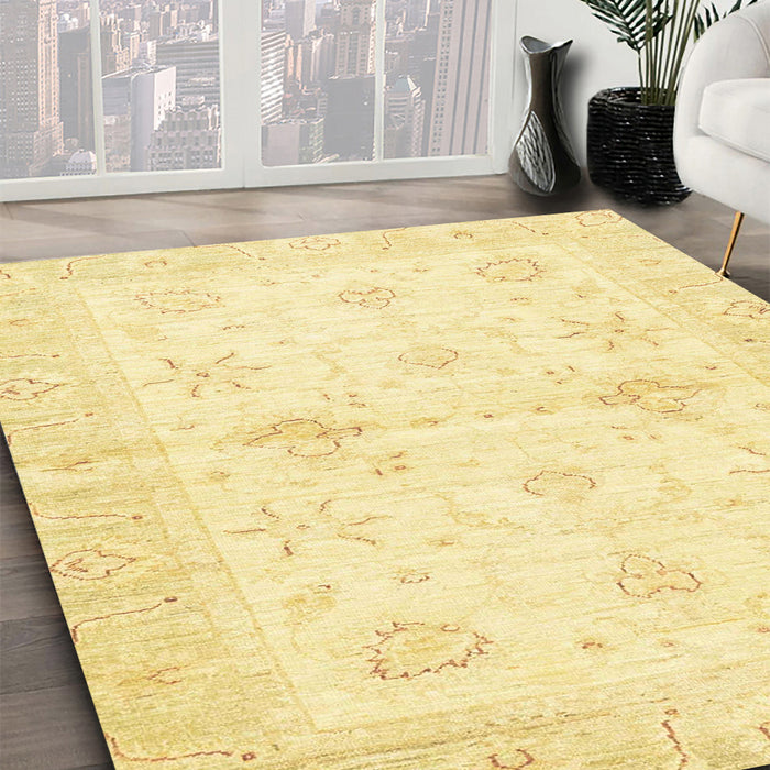 Abstract Chrome Gold Yellow Oriental Rug in Family Room, abs3927
