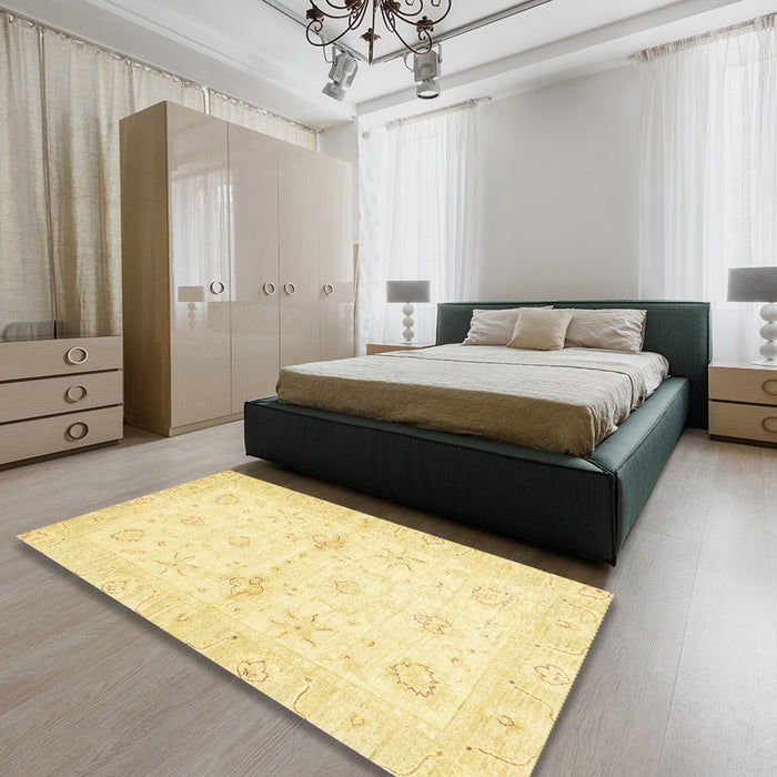 Machine Washable Abstract Chrome Gold Yellow Rug in a Bedroom, wshabs3927