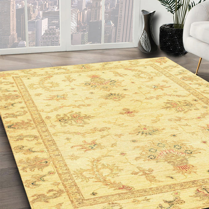 Abstract Mustard Yellow Oriental Rug in Family Room, abs3928