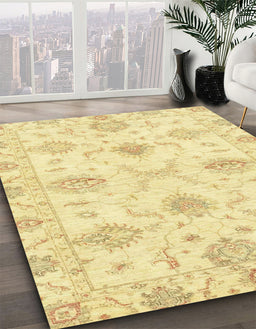 Abstract Chrome Gold Yellow Oriental Rug in Family Room, abs3930
