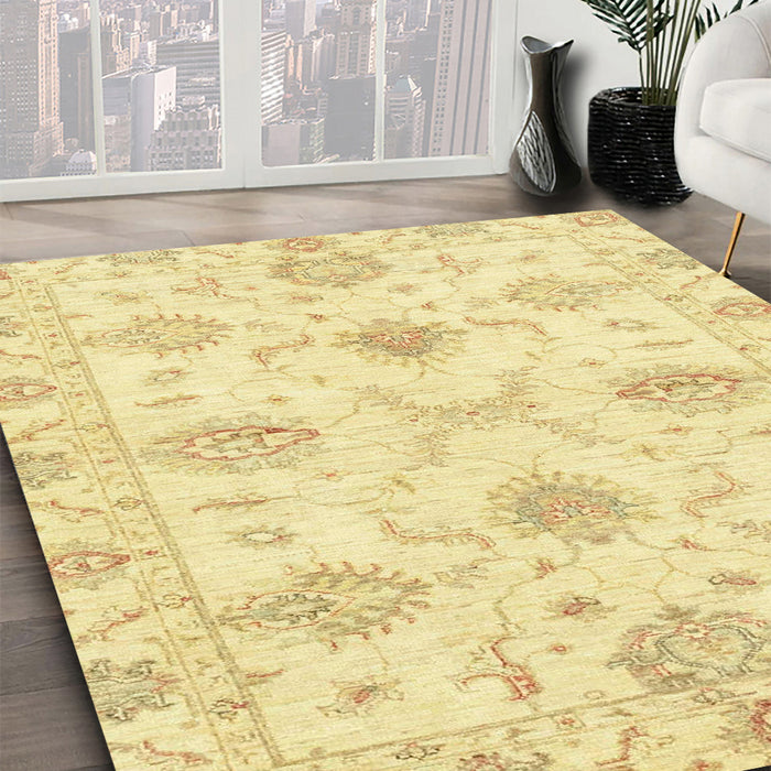 Abstract Chrome Gold Yellow Oriental Rug in Family Room, abs3930