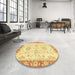 Round Abstract Mustard Yellow Oriental Rug in a Office, abs3931