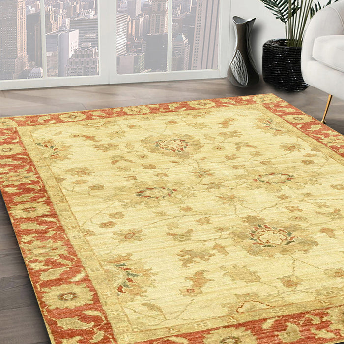 Abstract Mustard Yellow Oriental Rug in Family Room, abs3931