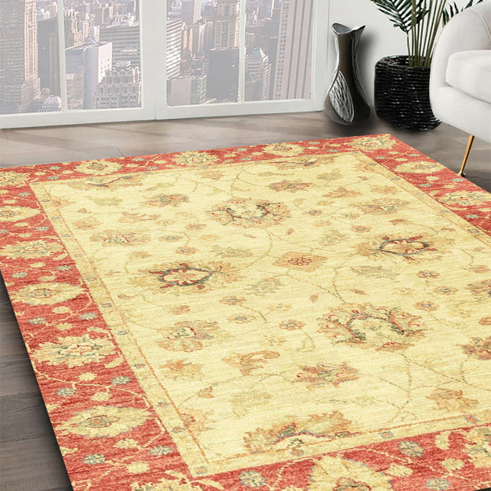 Abstract Mustard Yellow Oriental Rug in Family Room, abs3933