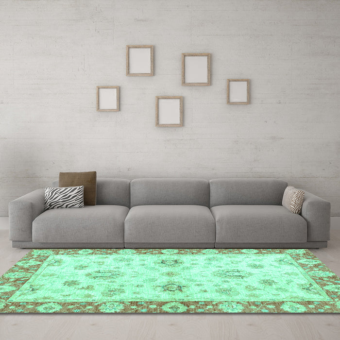 Machine Washable Oriental Turquoise Traditional Area Rugs in a Living Room,, wshabs3933turq