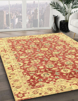 Abstract Chrome Gold Yellow Oriental Rug in Family Room, abs3936