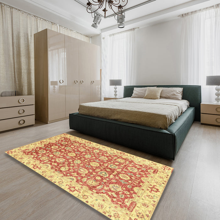 Abstract Chrome Gold Yellow Oriental Rug in a Bedroom, abs3936