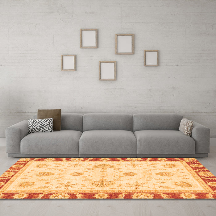 Machine Washable Oriental Orange Modern Area Rugs in a Living Room, wshabs3937org