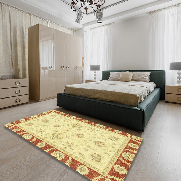 Abstract Yellow Oriental Rug in a Bedroom, abs3937