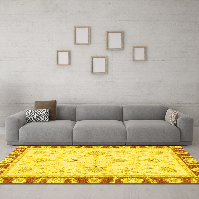 Machine Washable Oriental Yellow Modern Rug in a Living Room, wshabs3937yw