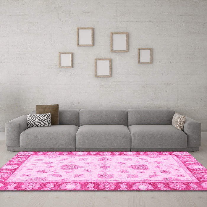 Machine Washable Oriental Pink Modern Rug in a Living Room, wshabs3938pnk