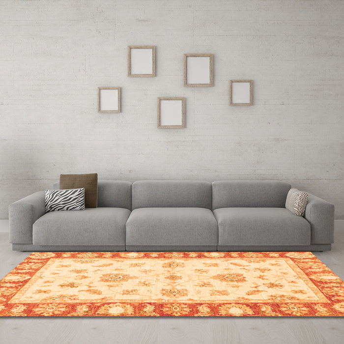 Machine Washable Oriental Orange Modern Area Rugs in a Living Room, wshabs3938org