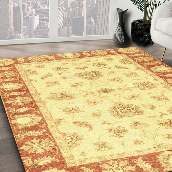 Abstract Neon Yellow Oriental Rug in Family Room, abs3938