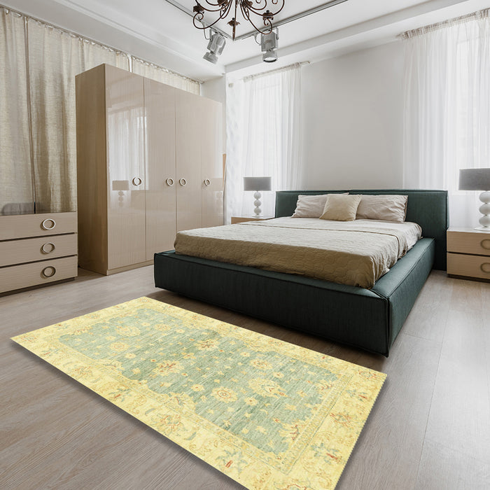 Machine Washable Abstract Gold Rug in a Bedroom, wshabs3939