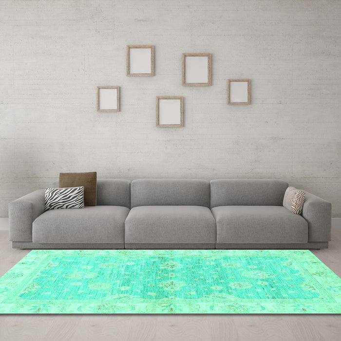 Machine Washable Oriental Turquoise Modern Area Rugs in a Living Room,, wshabs3939turq