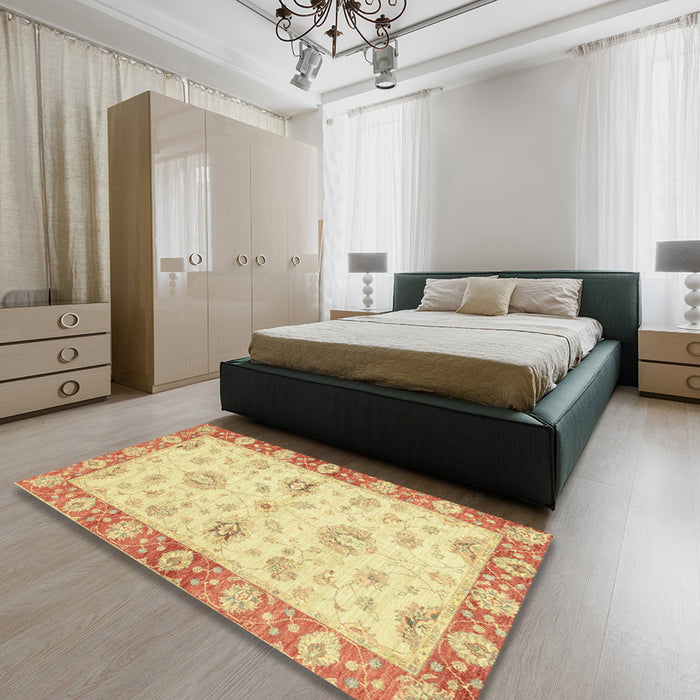 Abstract Mustard Yellow Oriental Rug in a Bedroom, abs3941