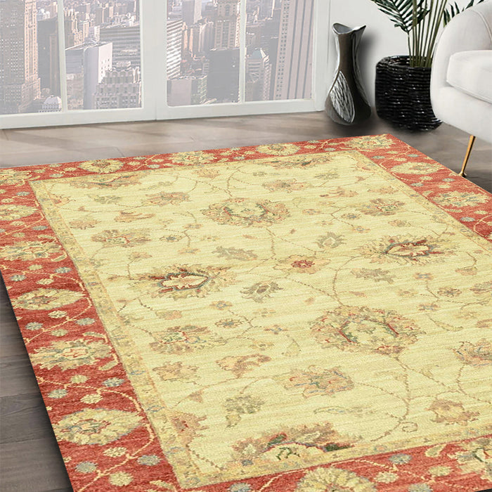 Abstract Mustard Yellow Oriental Rug in Family Room, abs3941