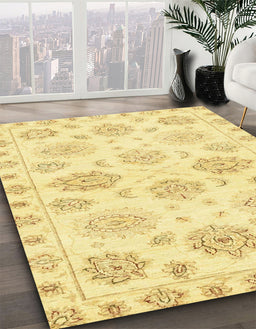 Abstract Mustard Yellow Oriental Rug in Family Room, abs3942
