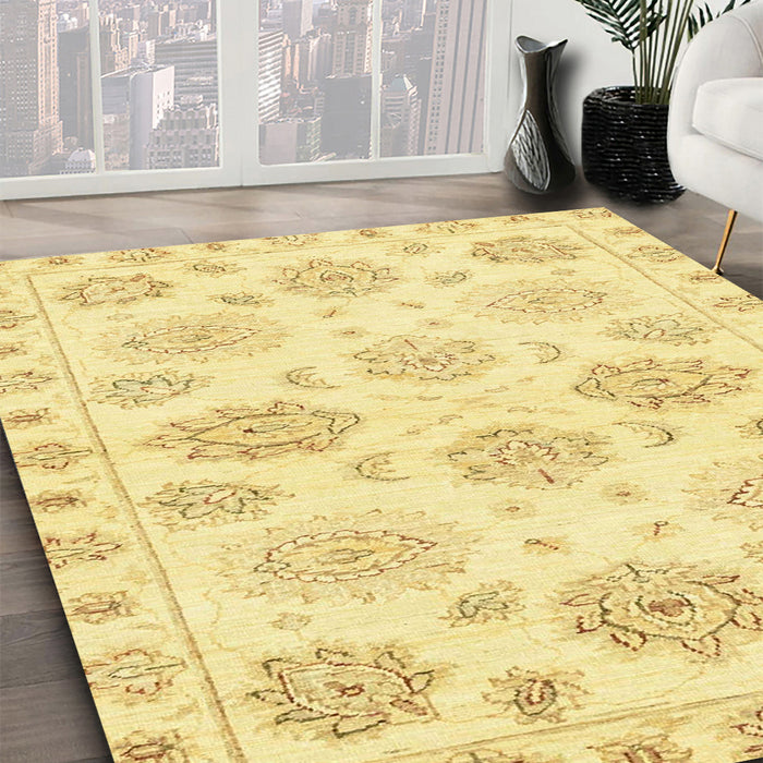 Abstract Mustard Yellow Oriental Rug in Family Room, abs3942