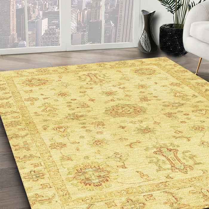 Abstract Chrome Gold Yellow Oriental Rug in Family Room, abs3943