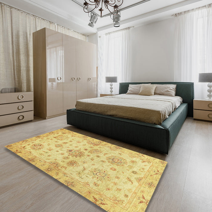 Machine Washable Abstract Yellow Rug in a Bedroom, wshabs3944