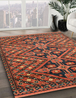 Machine Washable Abstract Saffron Red Rug in a Family Room, wshabs3945