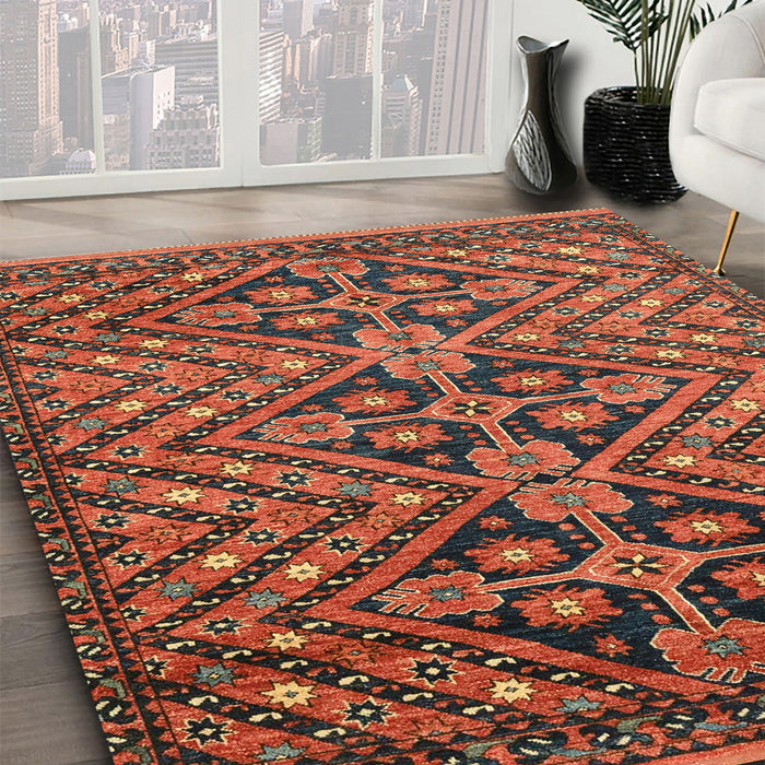 Machine Washable Abstract Saffron Red Rug in a Family Room, wshabs3945