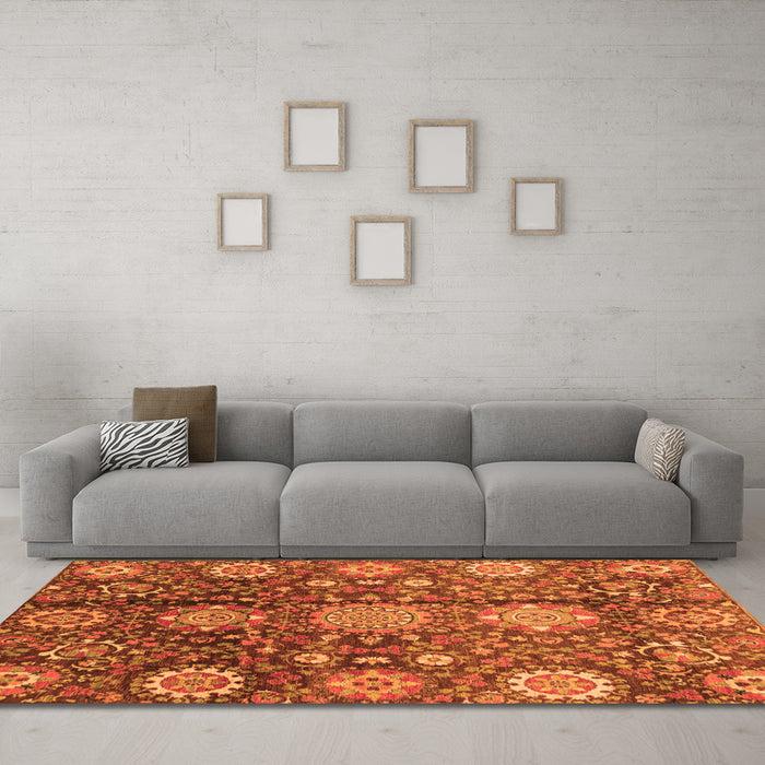 Machine Washable Abstract Orange Modern Area Rugs in a Living Room, wshabs3948org