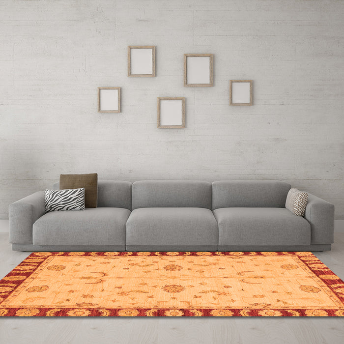 Machine Washable Abstract Orange Modern Area Rugs in a Living Room, wshabs3950org