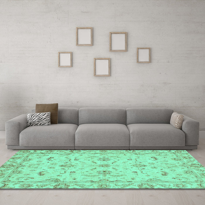 Machine Washable Oriental Turquoise Traditional Area Rugs in a Living Room,, wshabs3957turq