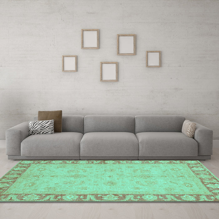 Machine Washable Oriental Turquoise Traditional Area Rugs in a Living Room,, wshabs3959turq