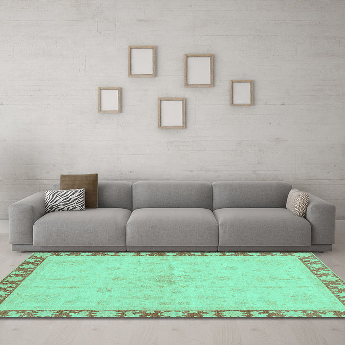 Machine Washable Oriental Turquoise Traditional Area Rugs in a Living Room,, wshabs3962turq