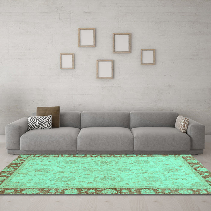 Machine Washable Oriental Turquoise Traditional Area Rugs in a Living Room,, wshabs3964turq