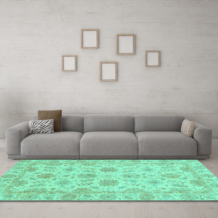 Machine Washable Oriental Turquoise Traditional Area Rugs in a Living Room,, wshabs3965turq